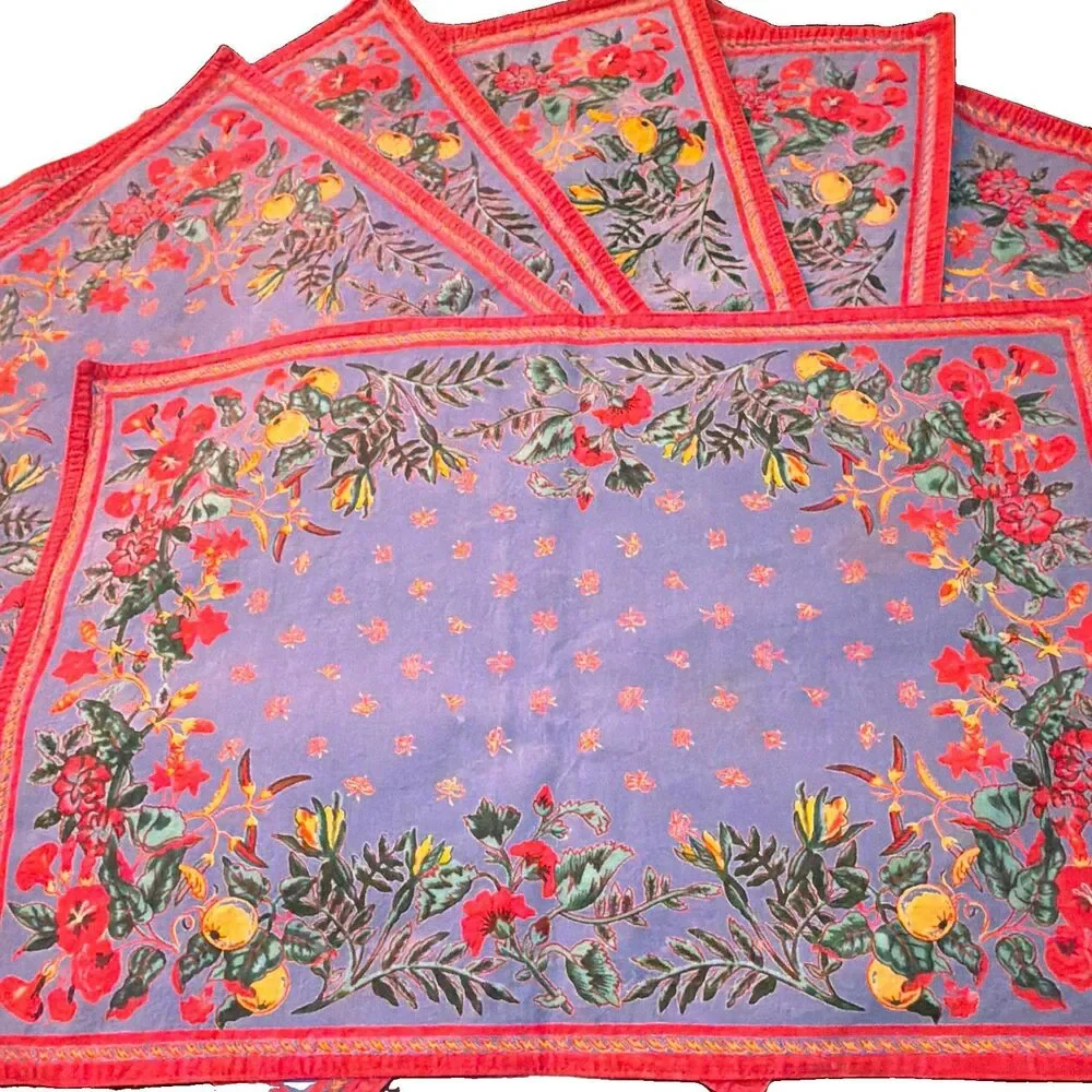 Vtg Williams-Sonoma 100% Cotton Floral Rectangular Placemats Blue Multi Set of 6